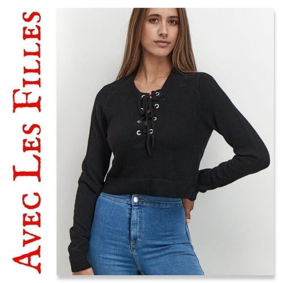 NWT Avec Les Filles Women Crew Neckline Long Sleeve Lace Up - Picture 1 of 5
